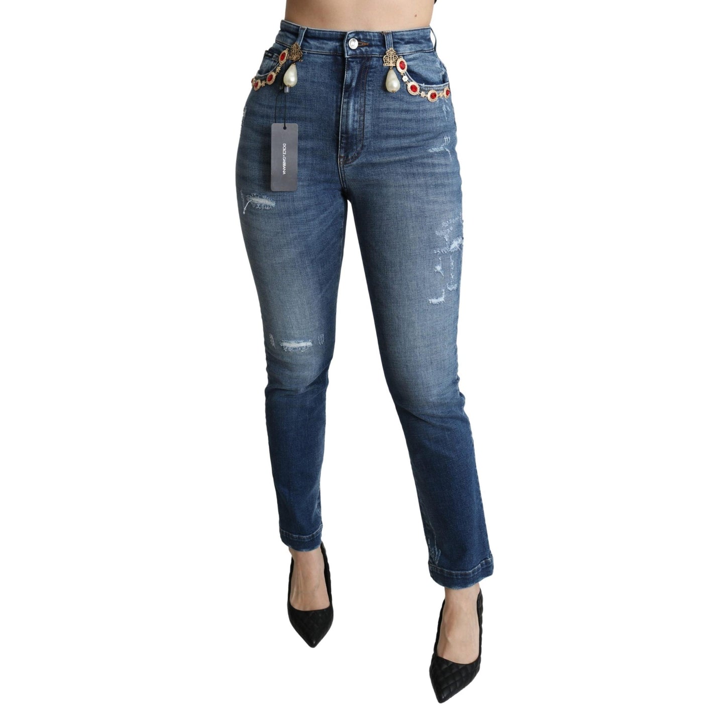 Blue Crystal Embellished Slim Fit Pants Jeans