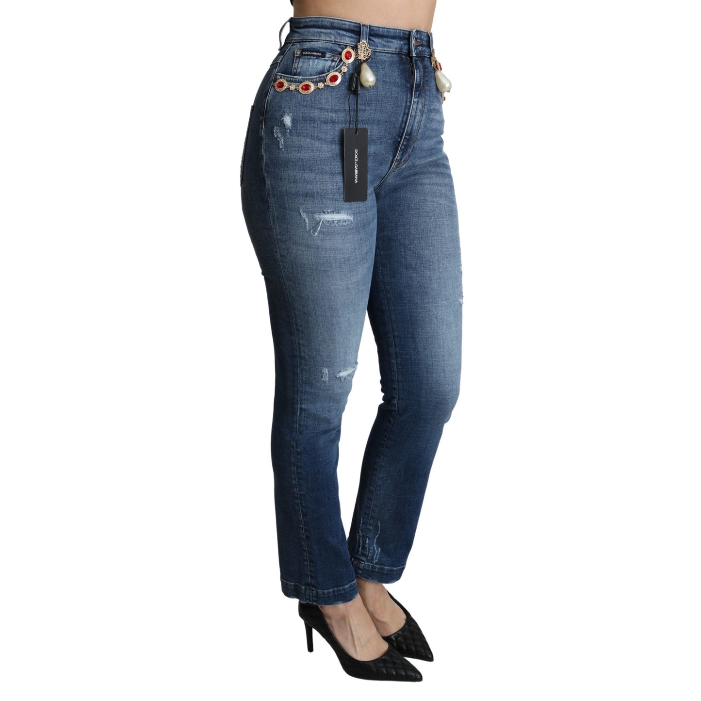 Blue Crystal Embellished Slim Fit Pants Jeans