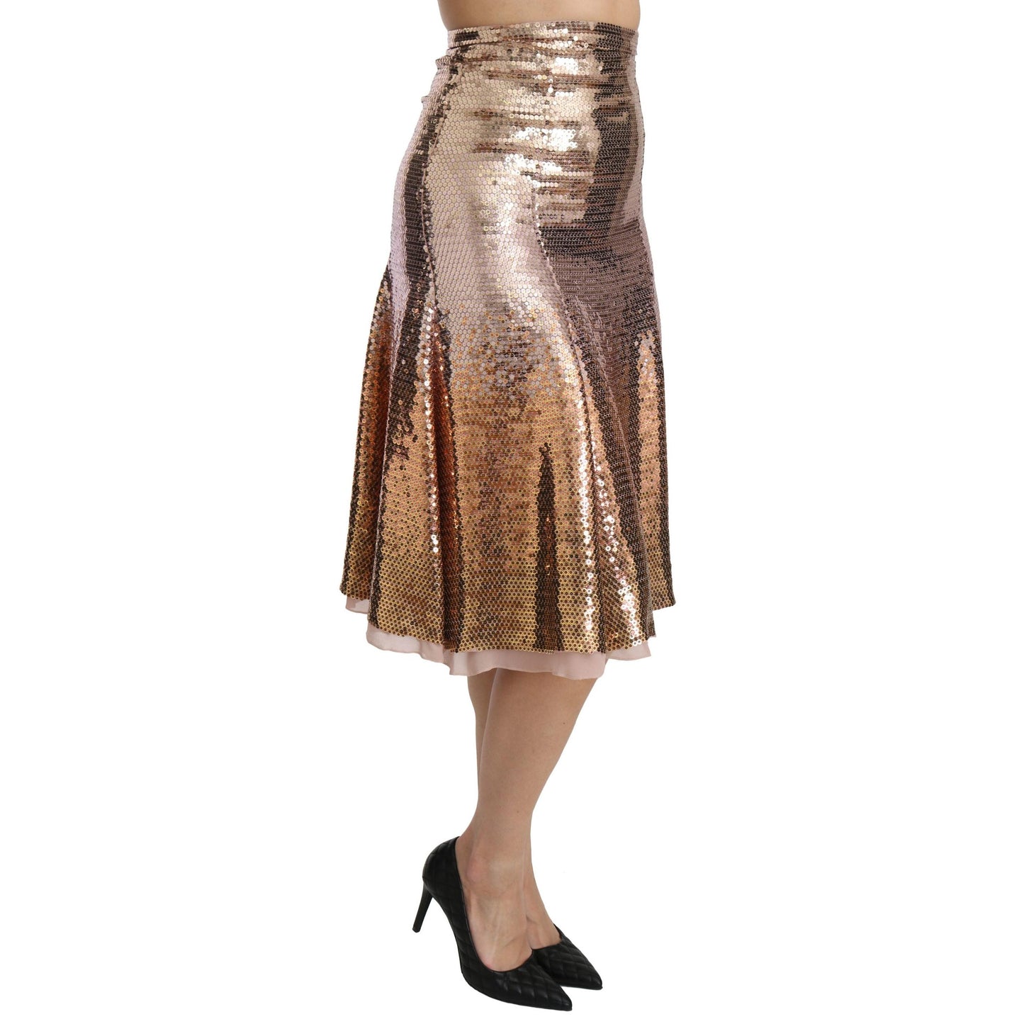 Gold Sequined High Waist Midi Skirt