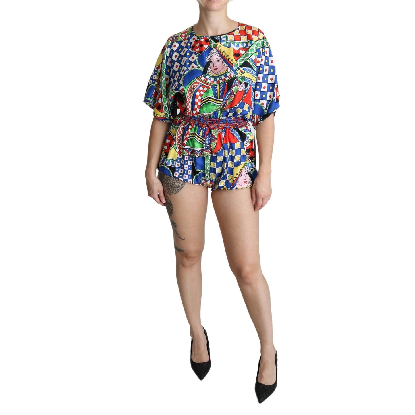 Multicolor Silk Card Deck Carretto Print Romper Jumpsuit