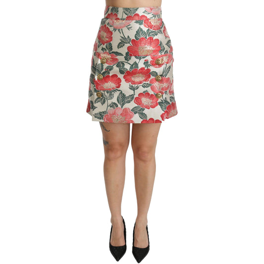 White Green Red Floral High Waist Mini Skirt