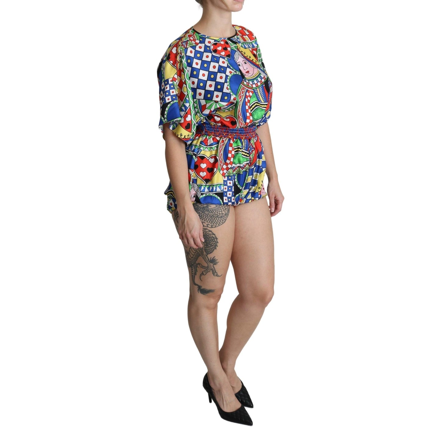 Multicolor Silk Card Deck Carretto Print Romper Jumpsuit