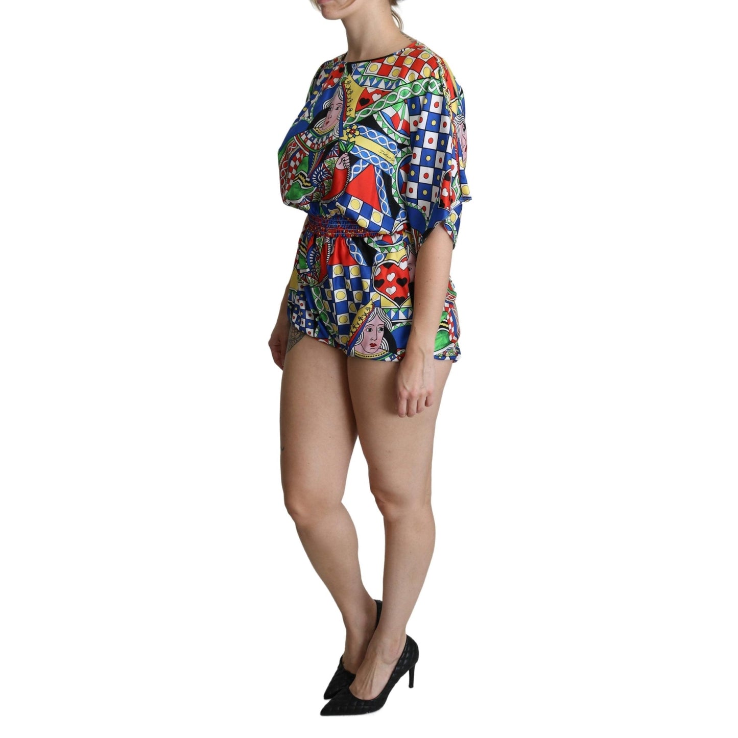 Multicolor Silk Card Deck Carretto Print Romper Jumpsuit