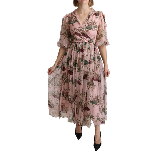 Pink Bengal Cat Print A-line Maxi Silk  Dress