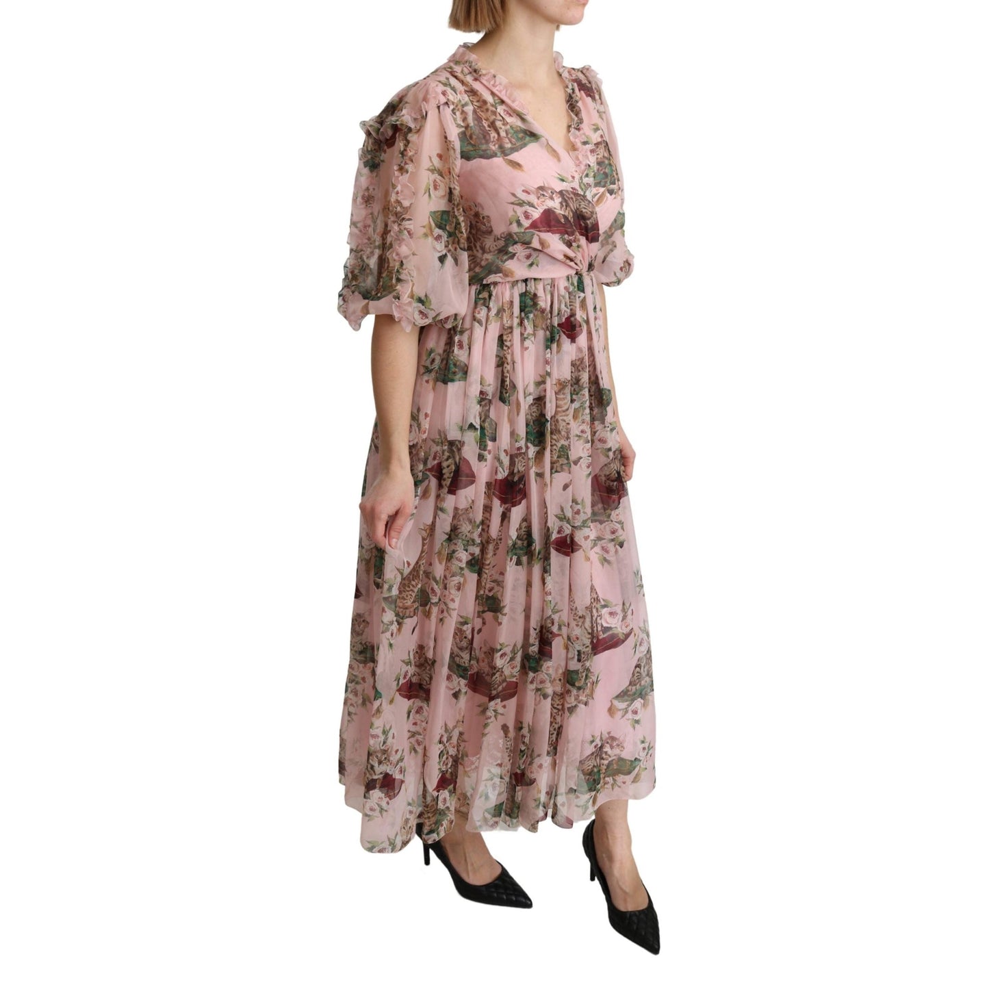 Pink Bengal Cat Print A-line Maxi Silk  Dress