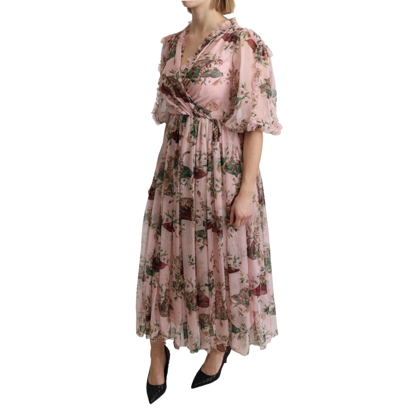 Pink Bengal Cat Print A-line Maxi Silk  Dress