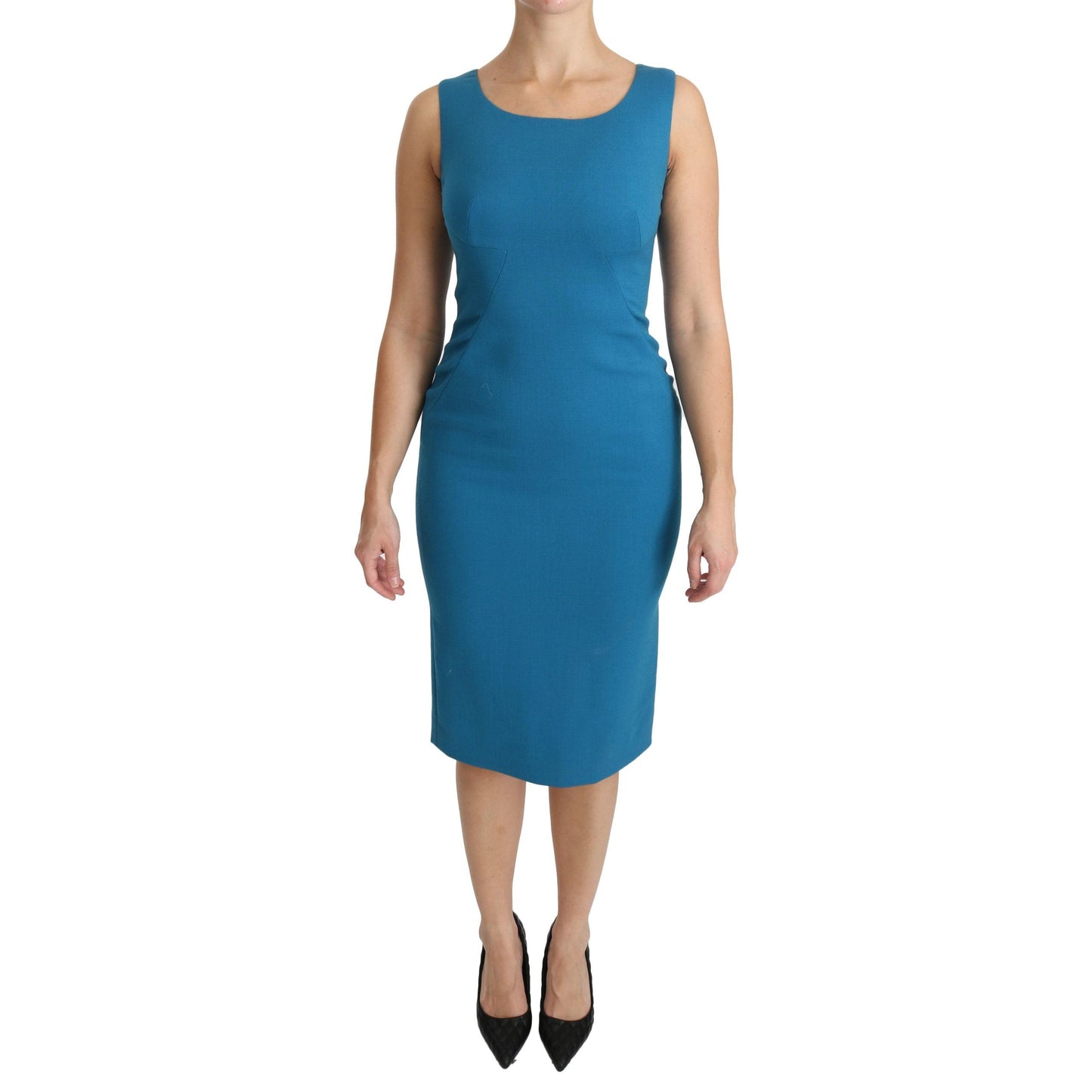 Blue Bodycon Sheath Knee Length Wool Dress