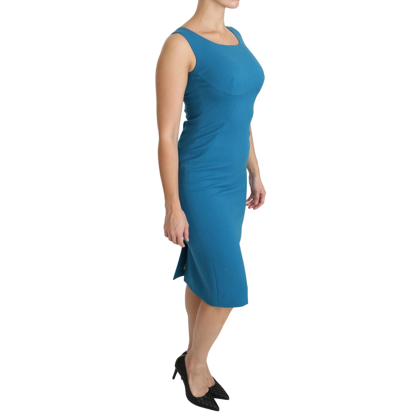 Blue Bodycon Sheath Knee Length Wool Dress