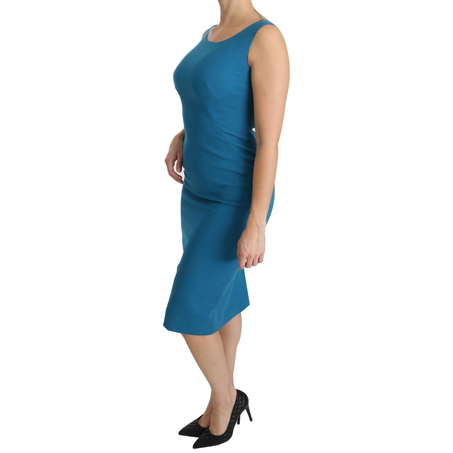 Blue Bodycon Sheath Knee Length Wool Dress