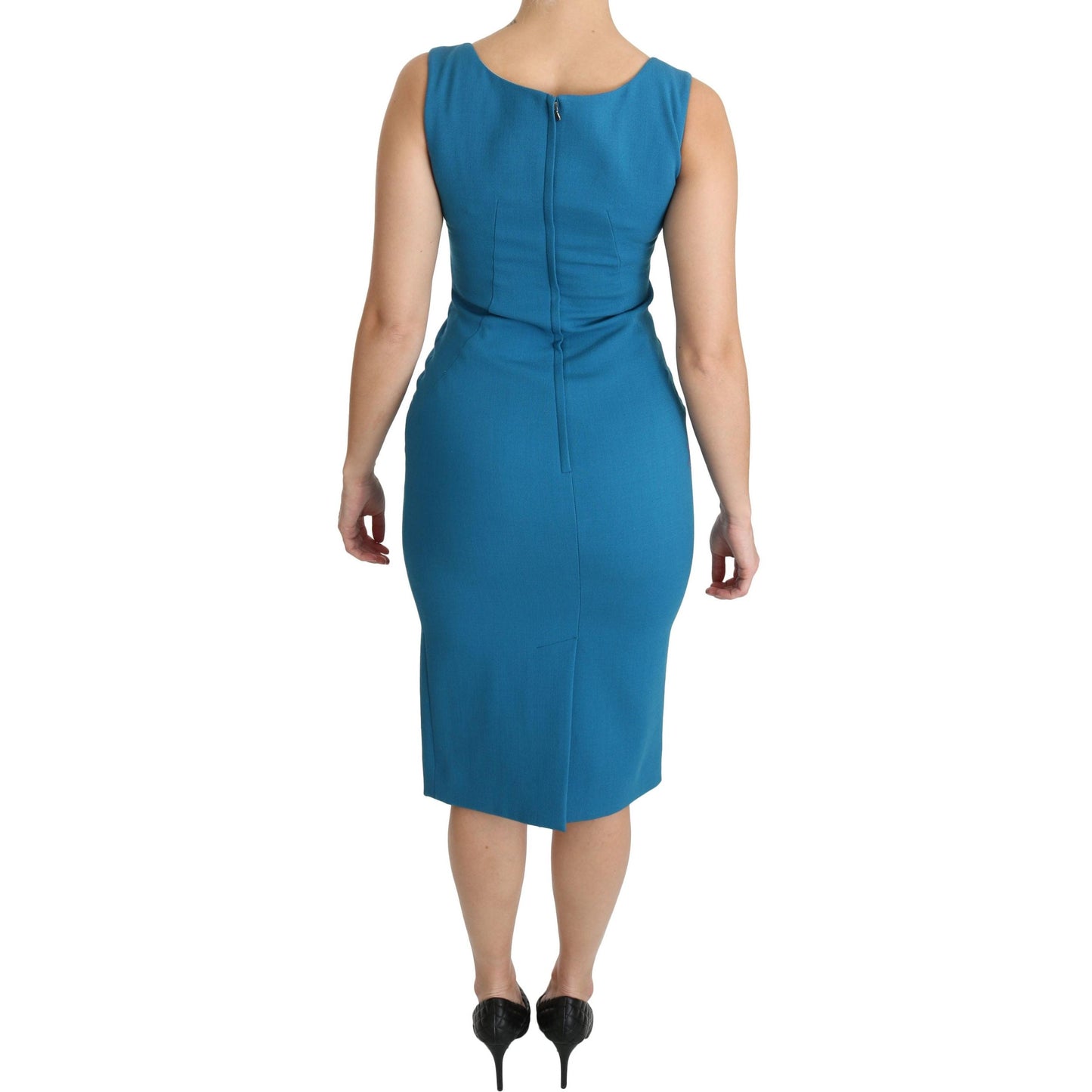 Blue Bodycon Sheath Knee Length Wool Dress