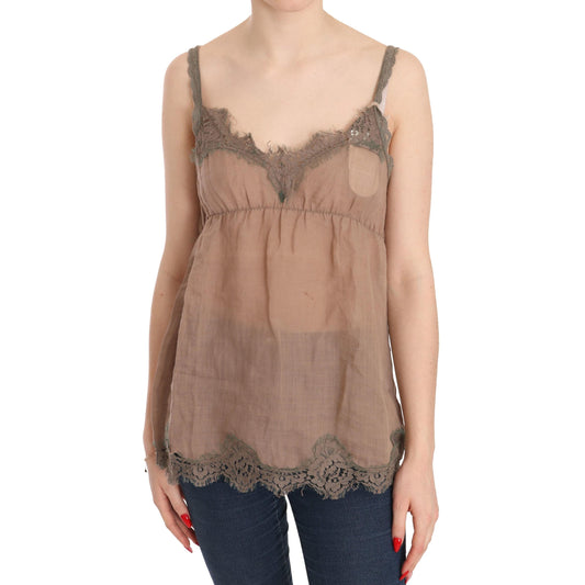Brown Lace Spaghetti Strap Plunging Top Blouse