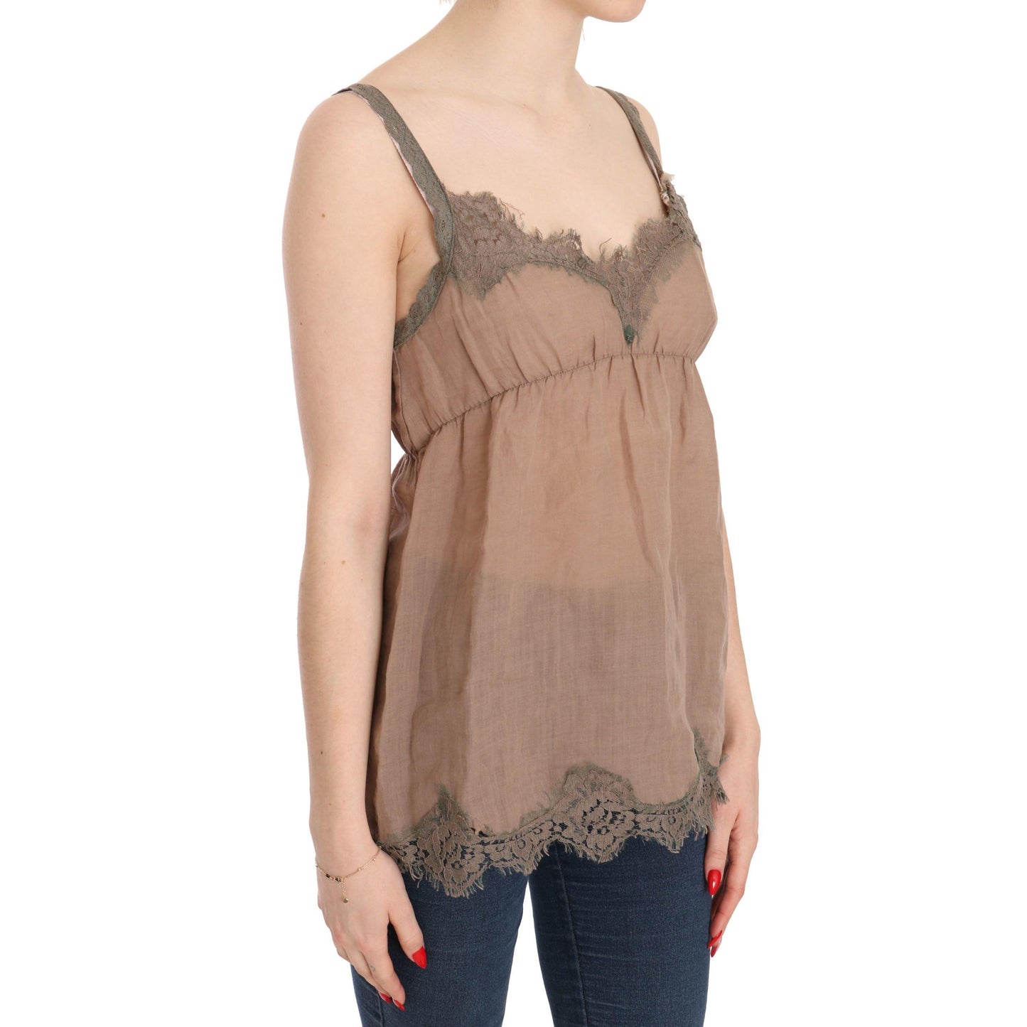 Brown Lace Spaghetti Strap Plunging Top Blouse