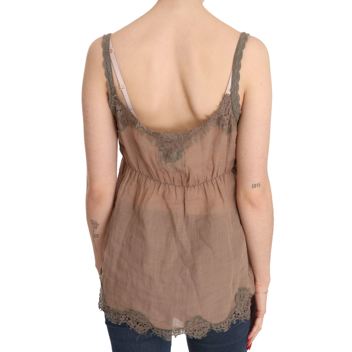 Brown Lace Spaghetti Strap Plunging Top Blouse