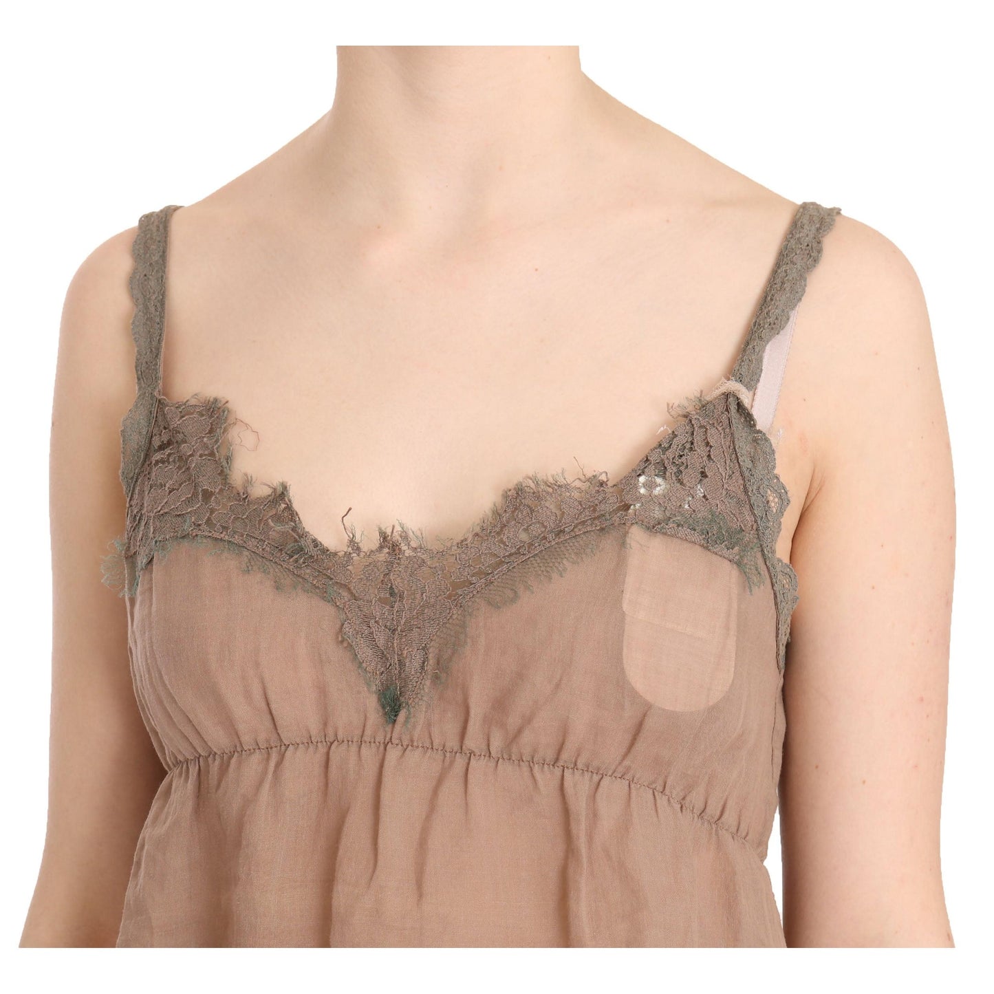 Brown Lace Spaghetti Strap Plunging Top Blouse