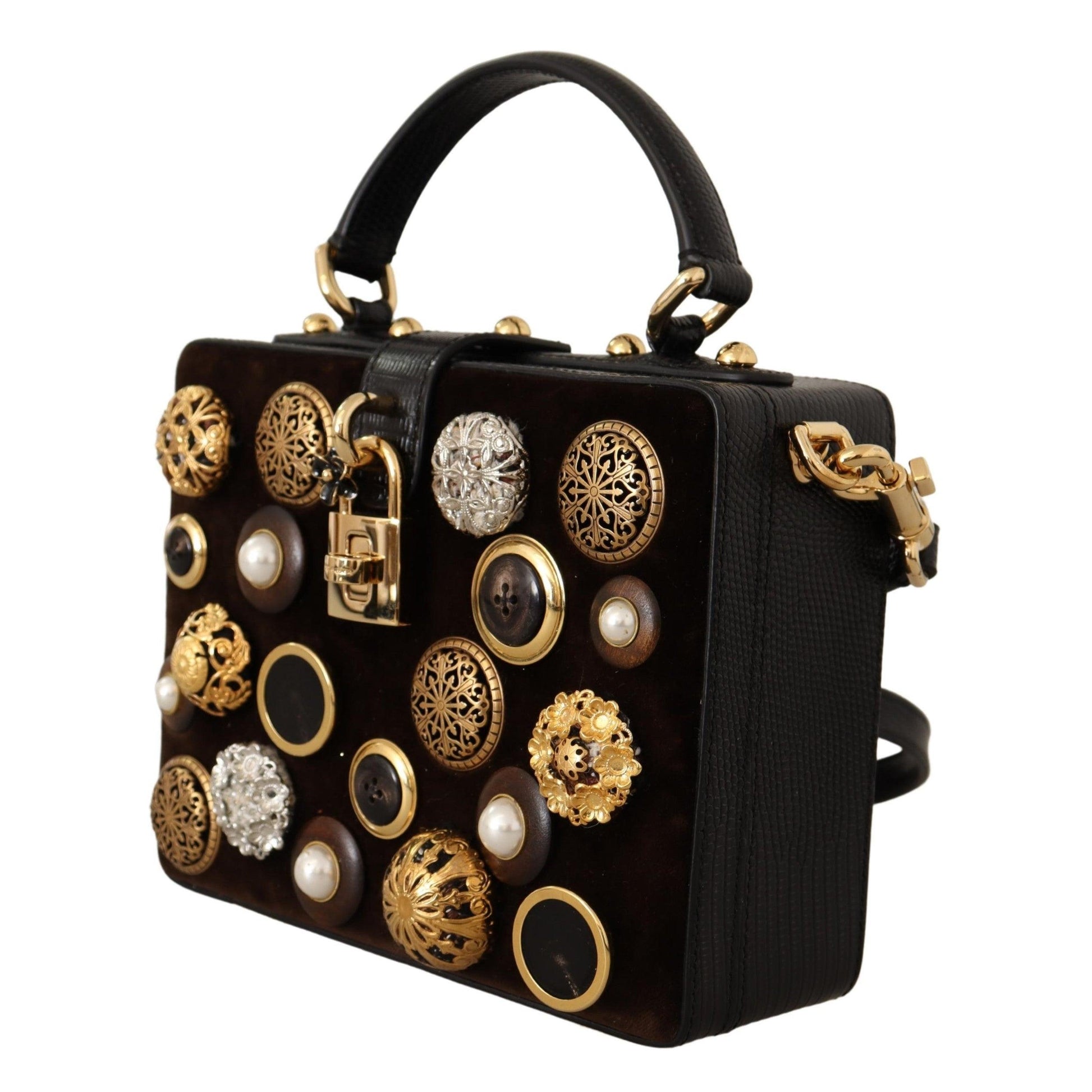 Brown Velvet Black Iguana Leather Buttons BOX Bag - coffeewithmee2