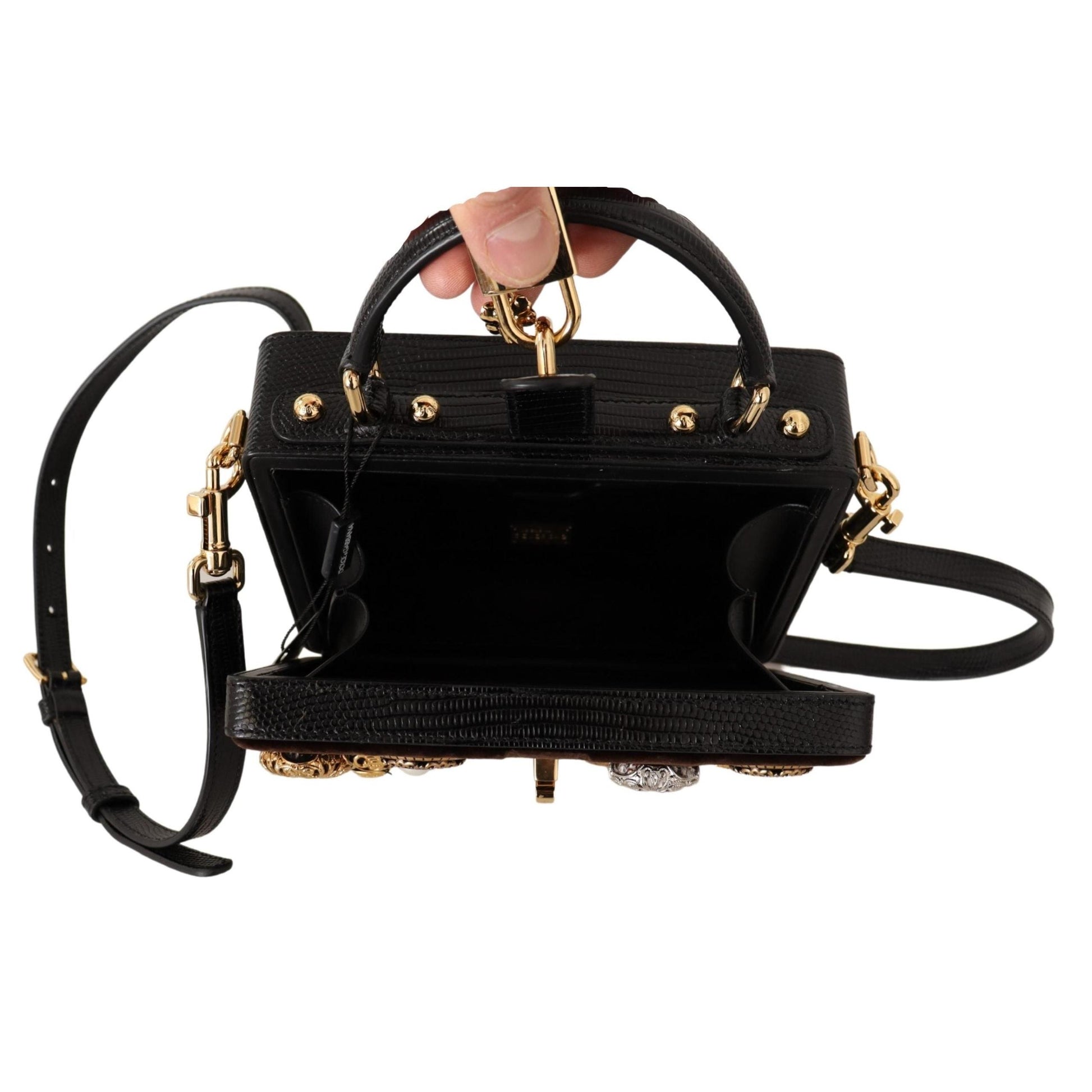 Brown Velvet Black Iguana Leather Buttons BOX Bag - coffeewithmee2