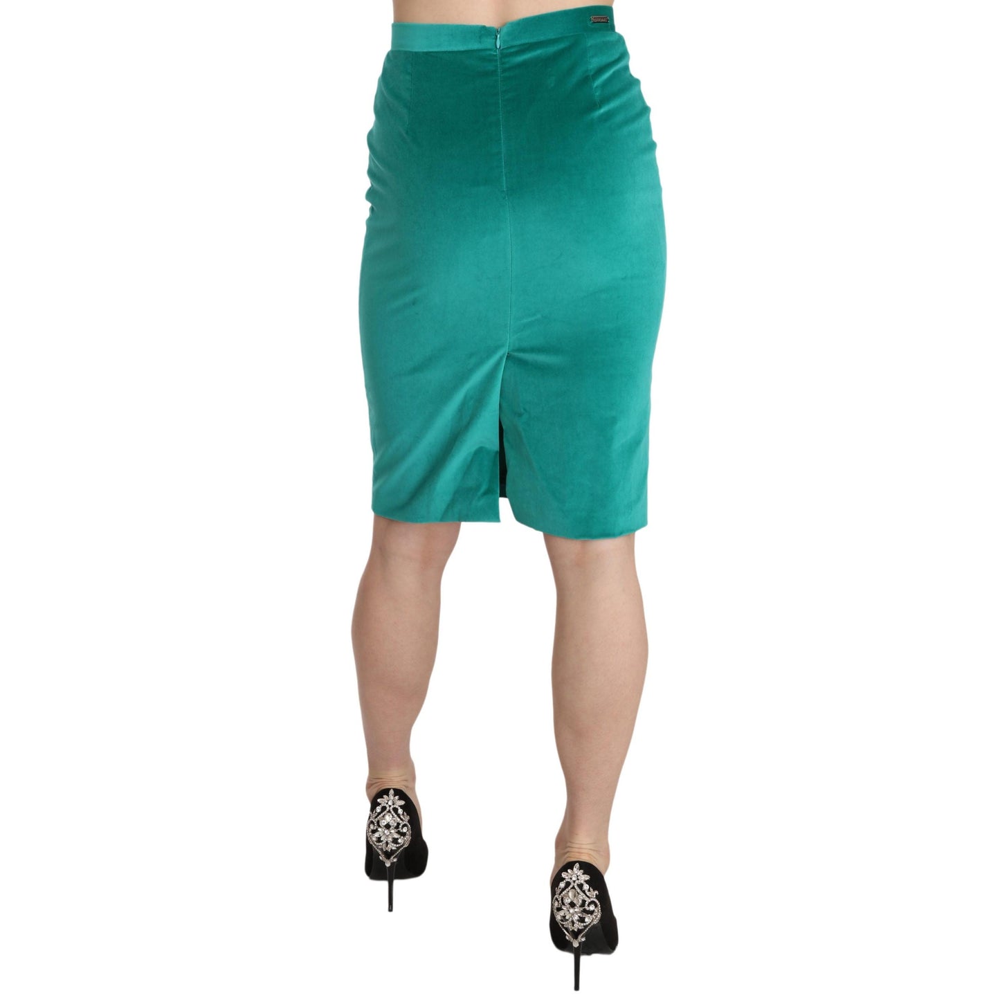 Green Solid Twill Knee Length Pencil Midi Skirt