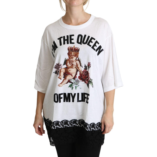 White Angel Print Cotton Round Neck Shirt Tops
