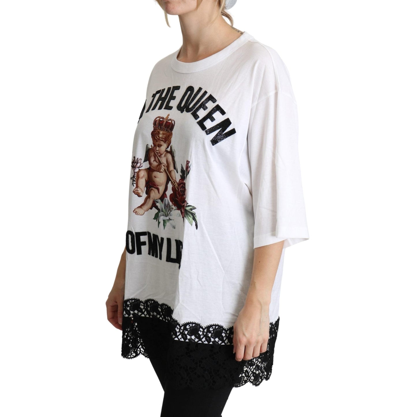White Angel Print Cotton Round Neck Shirt Tops