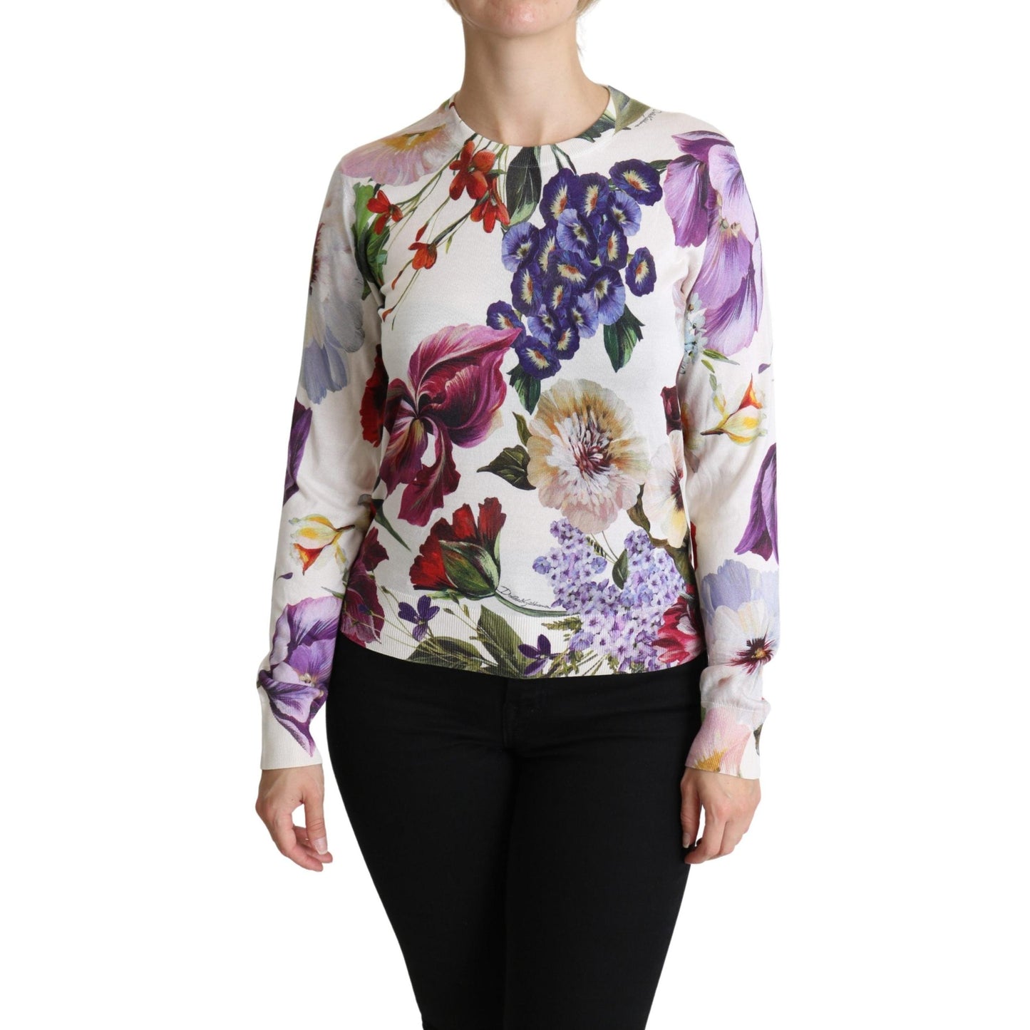 Floral Silk Crew Neck Pullover Sweater