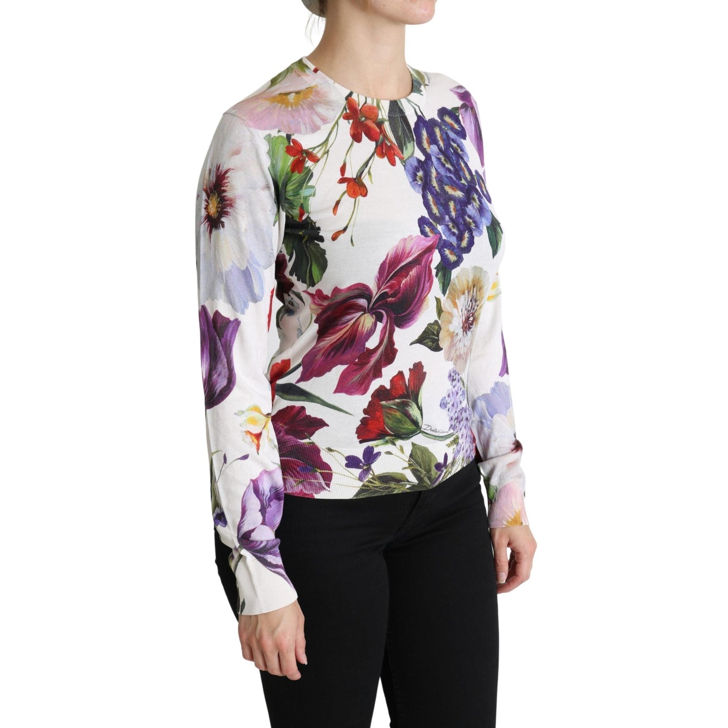Floral Silk Crew Neck Pullover Sweater