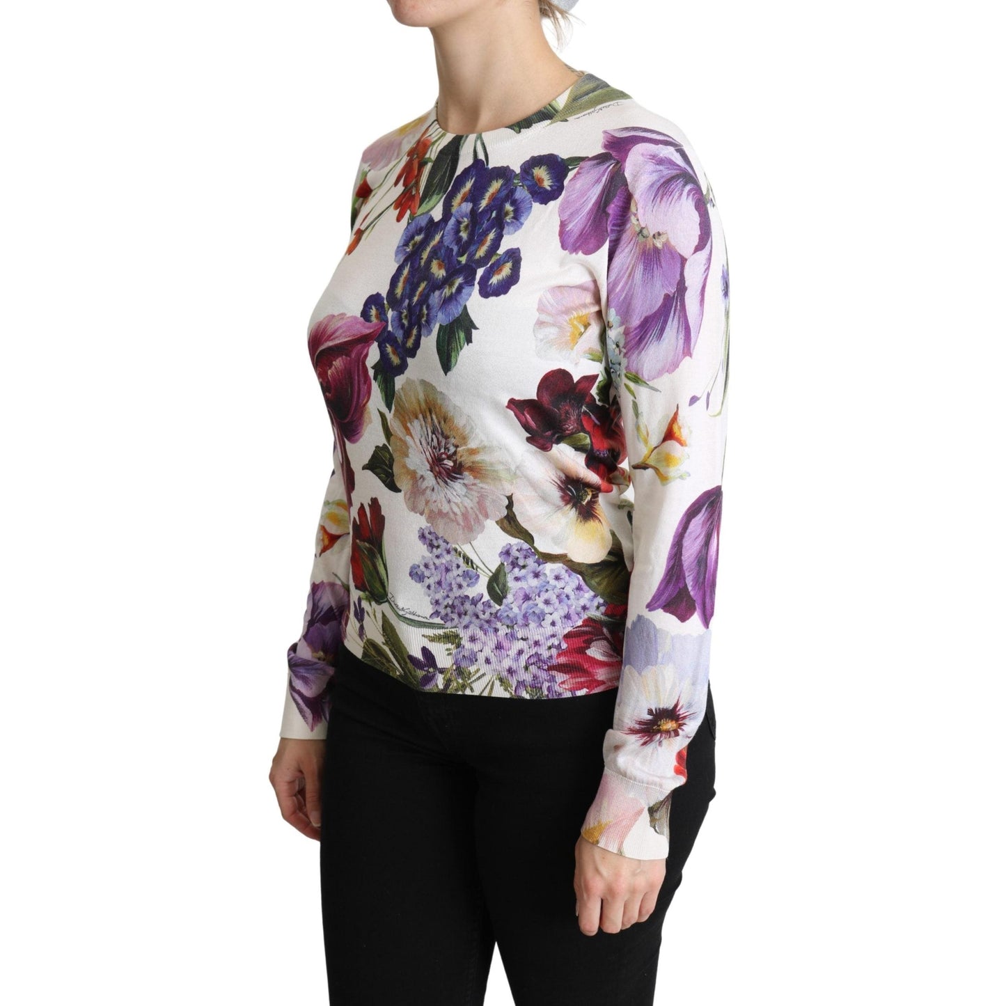 Floral Silk Crew Neck Pullover Sweater