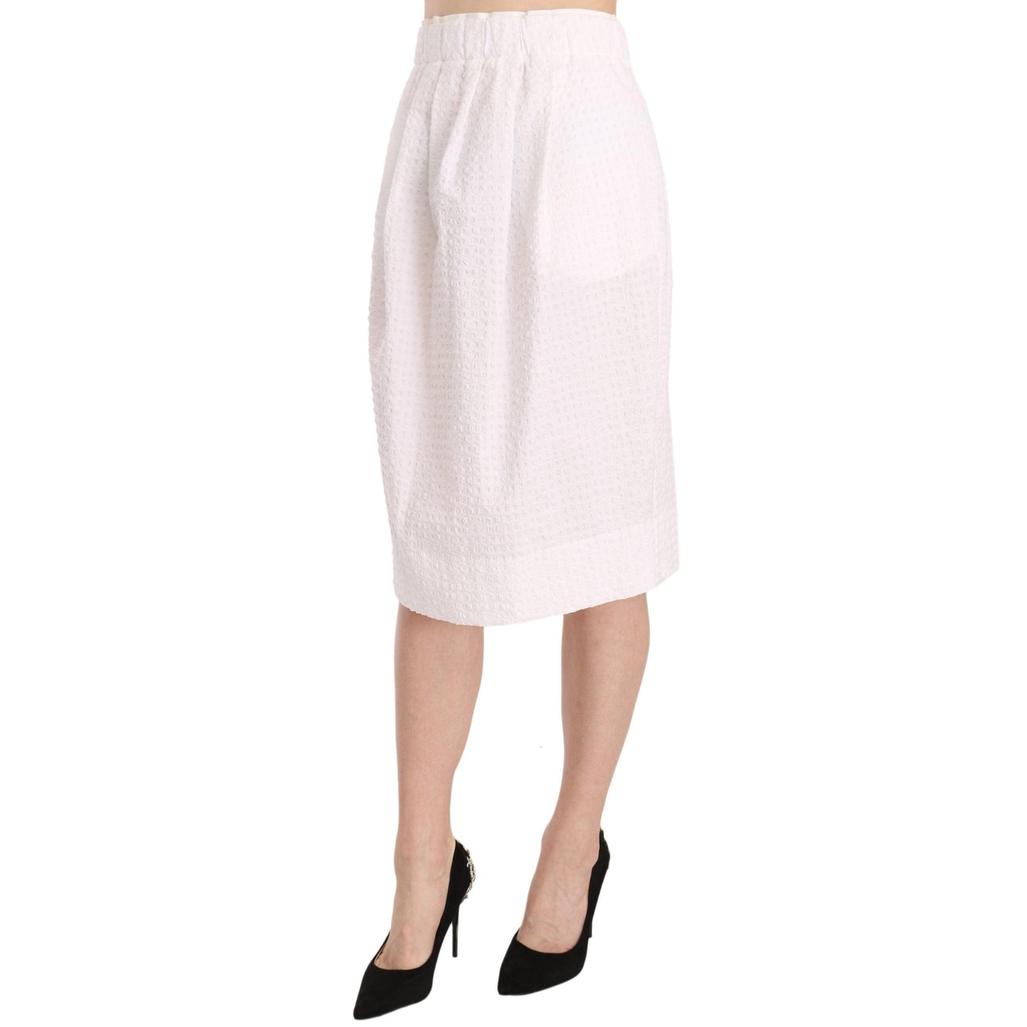 White Jacquard Plain Weave Stretch Midi Skirt