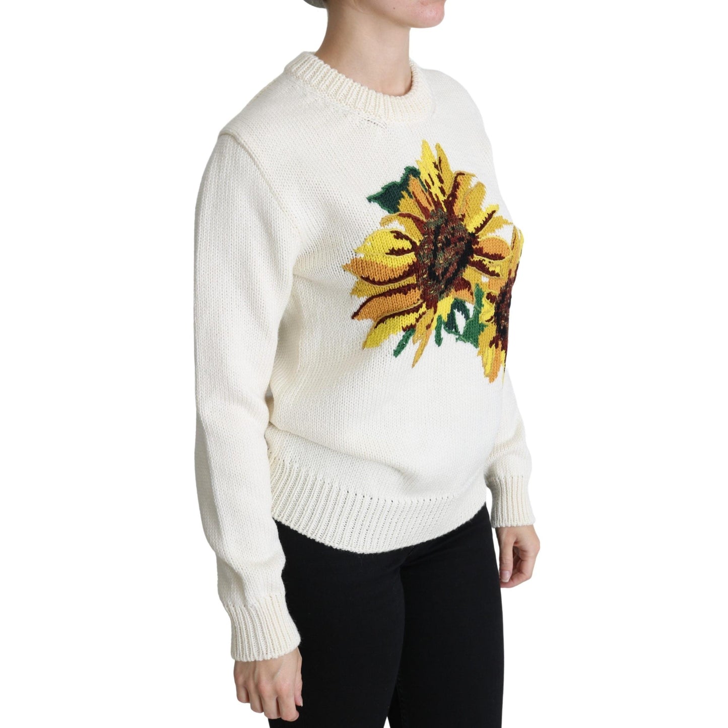 White Floral Wool Pullover Sunflower Sweater