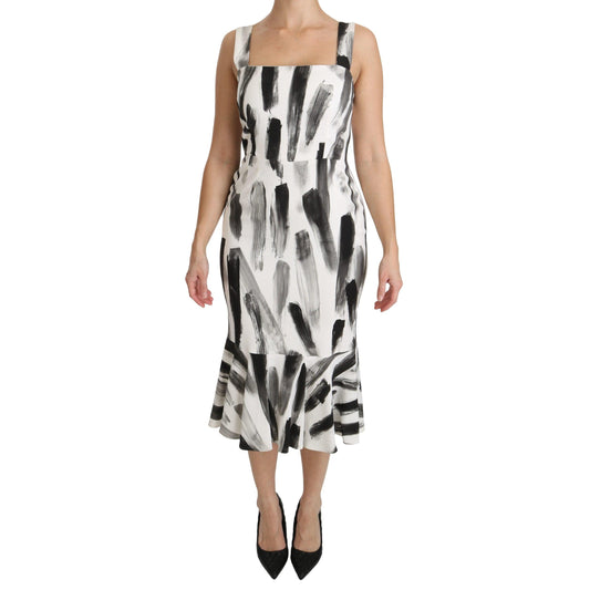 White Black Printed Sheath Midi Viscose Dress