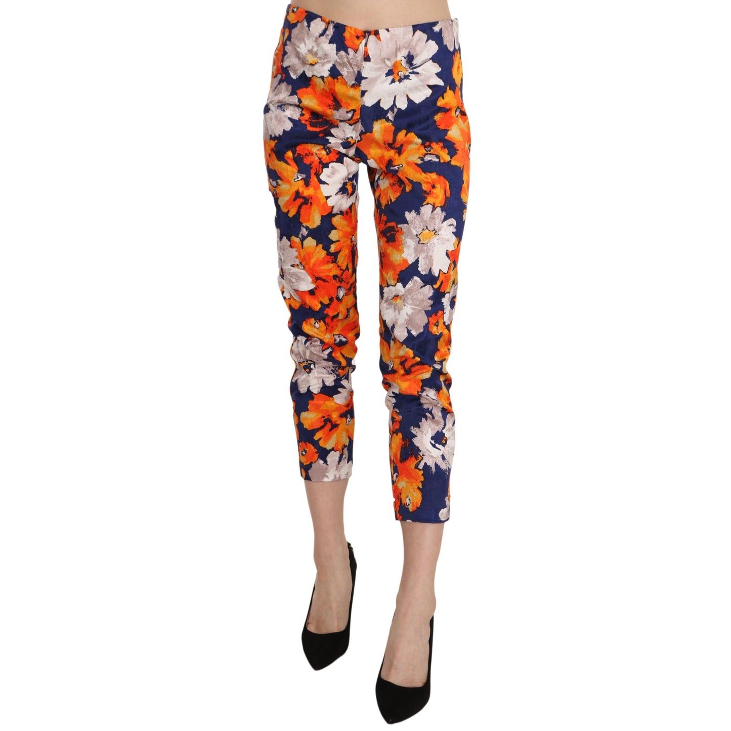 Blue Floral Print Skinny Slim Fit Trousers Pants