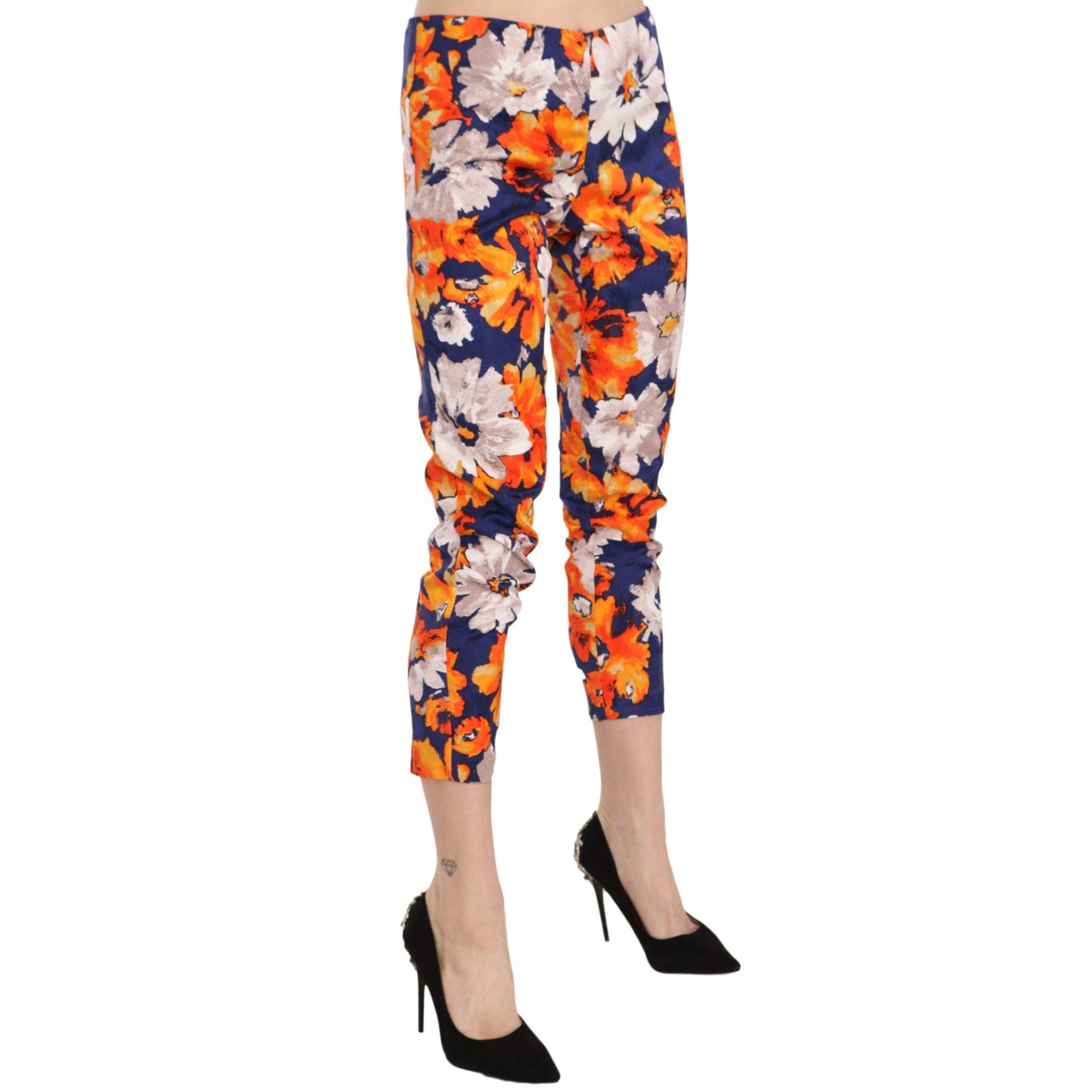 Blue Floral Print Skinny Slim Fit Trousers Pants