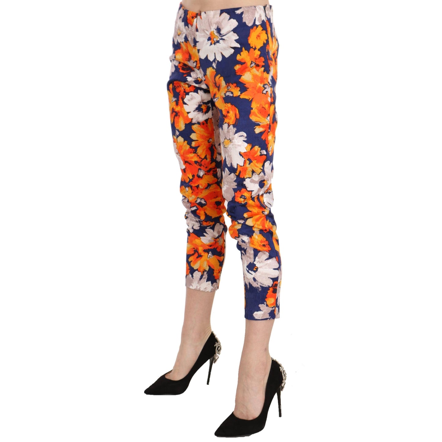 Blue Floral Print Skinny Slim Fit Trousers Pants