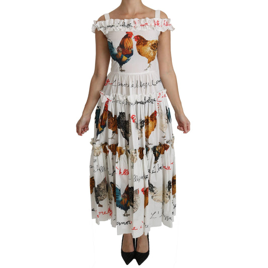 White Rooster Sheath Midi Cotton Dress