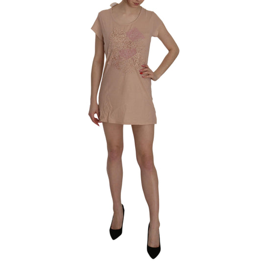 Pink Lace Short Sleeve Shift Mini Dress