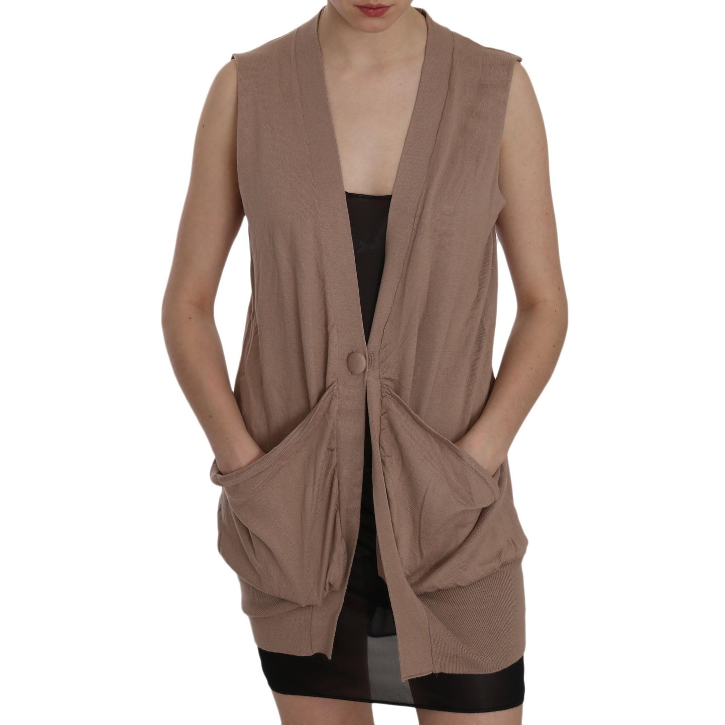 Brown 100% Cotton Sleeveless Cardigan Top Vest