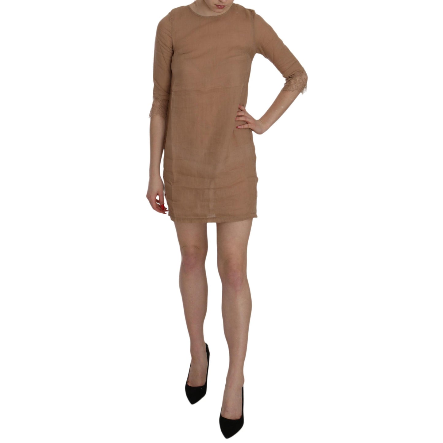 Brown 3/4 Sleeve Crewneck Shift Mini Dress