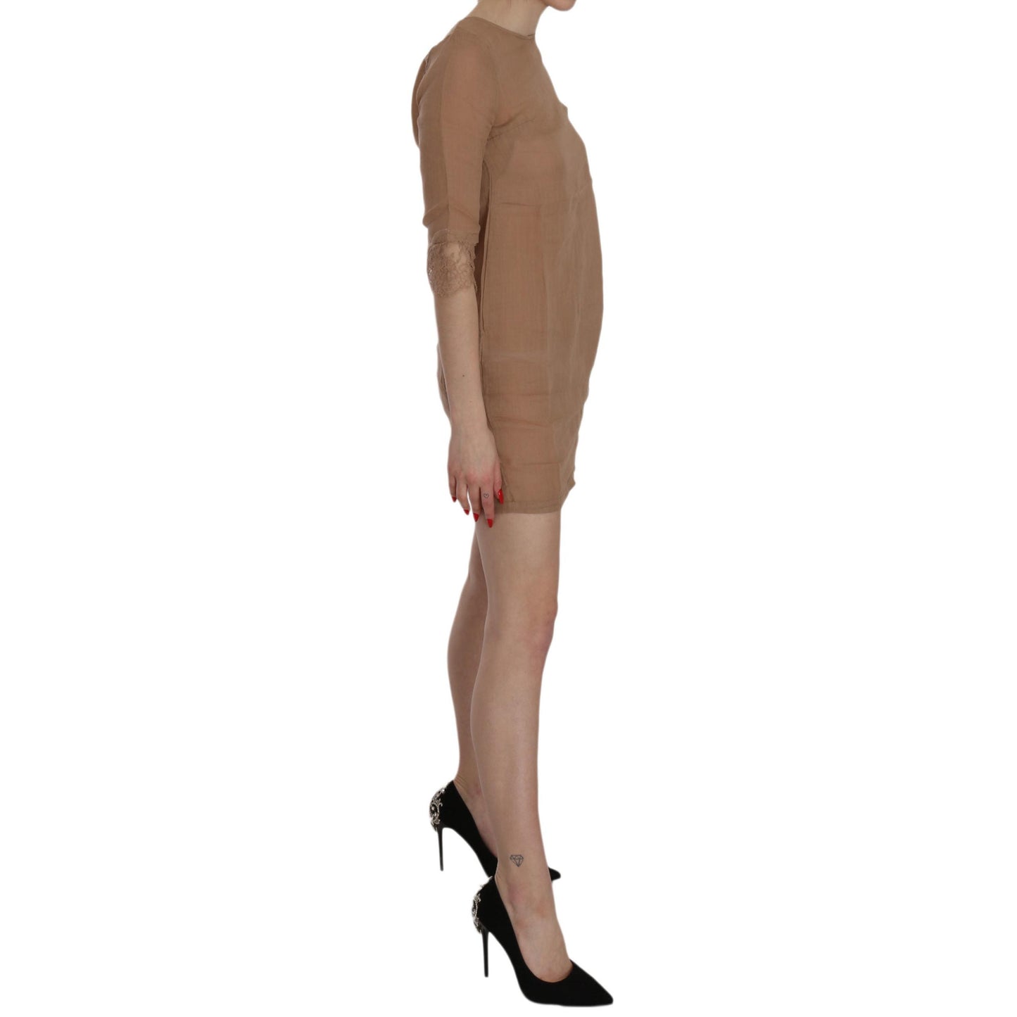 Brown 3/4 Sleeve Crewneck Shift Mini Dress