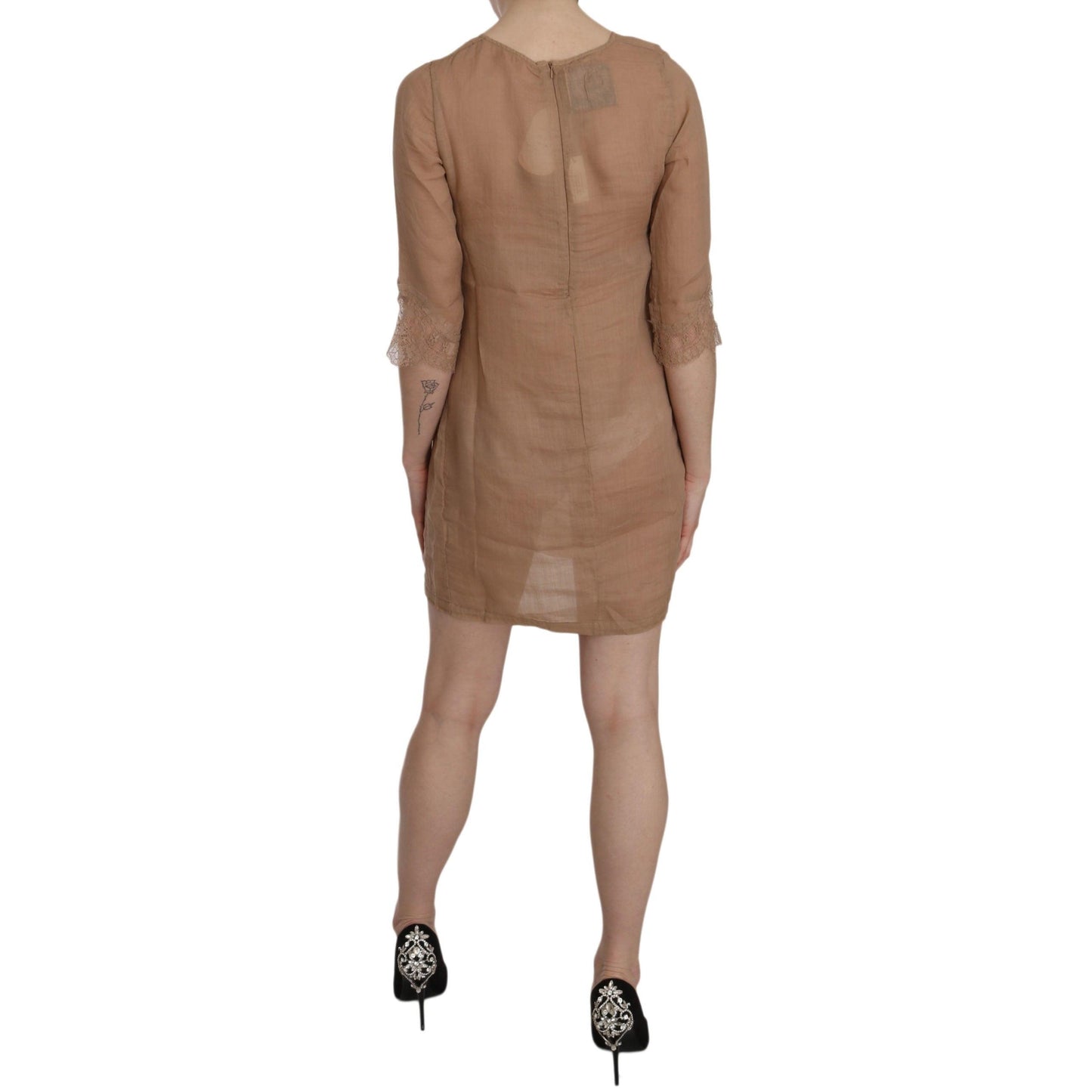 Brown 3/4 Sleeve Crewneck Shift Mini Dress
