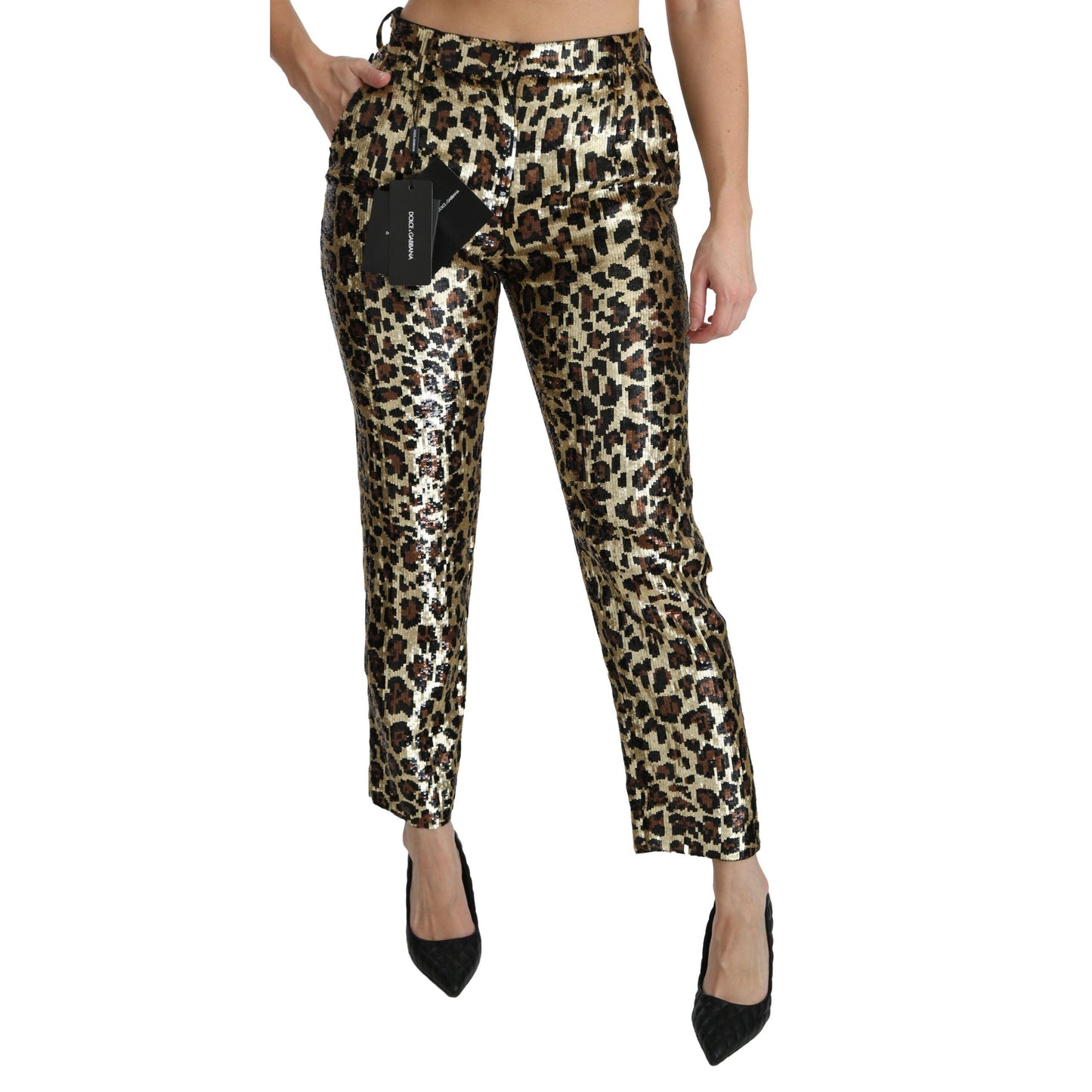 Brown Leopard Sequined High Waist Pants