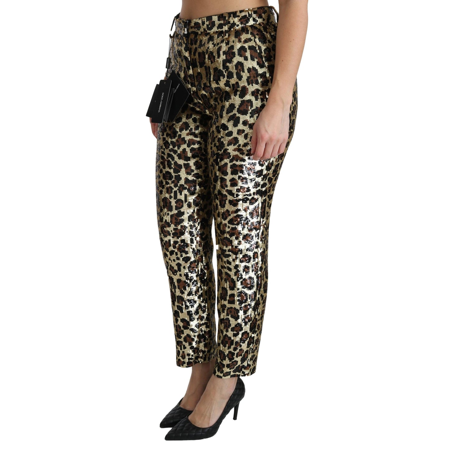 Brown Leopard Sequined High Waist Pants
