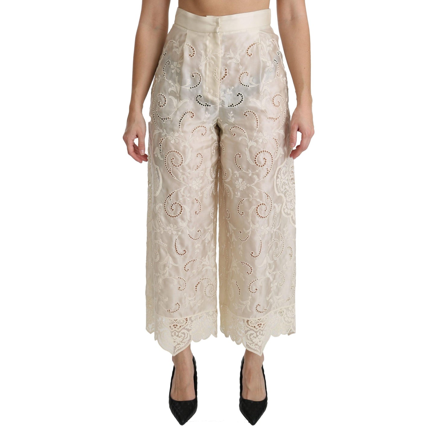 Cream Lace High Waist Palazzo Cropped Pants