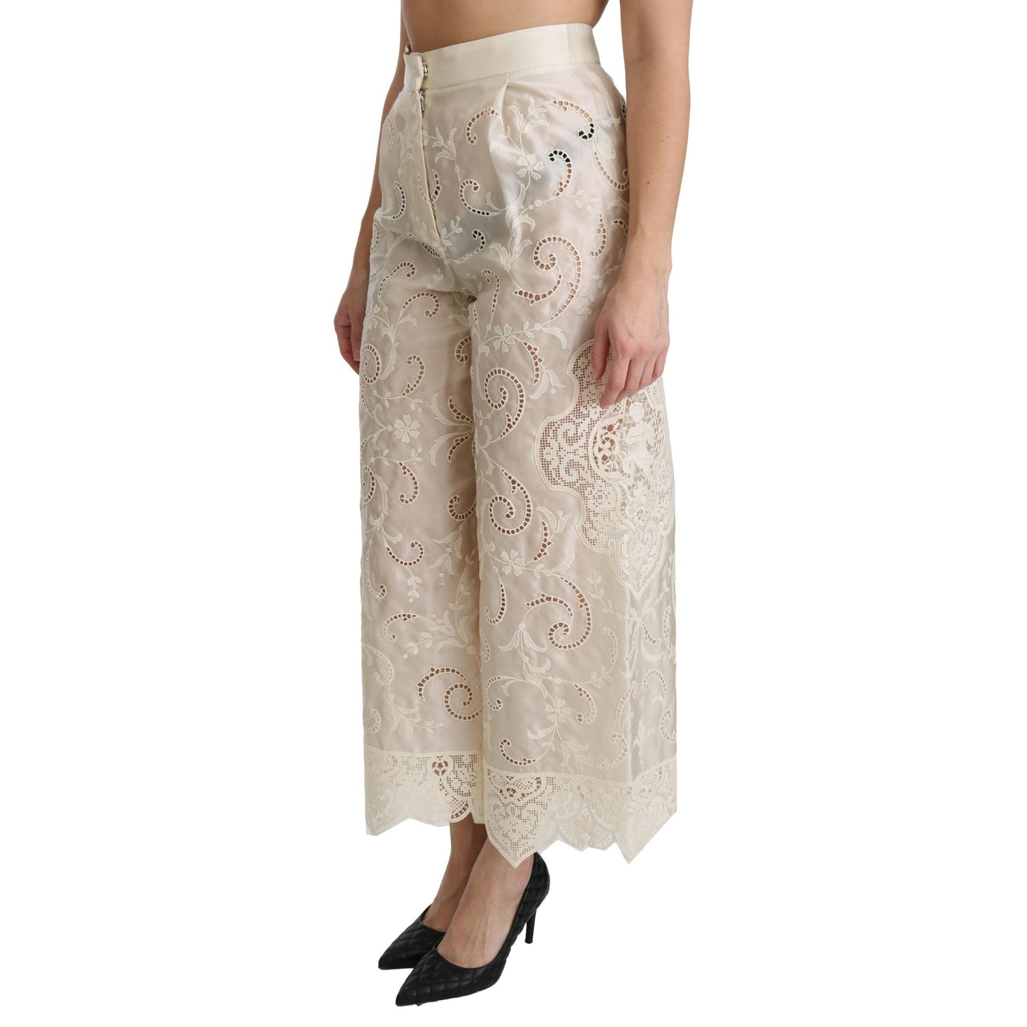 Cream Lace High Waist Palazzo Cropped Pants