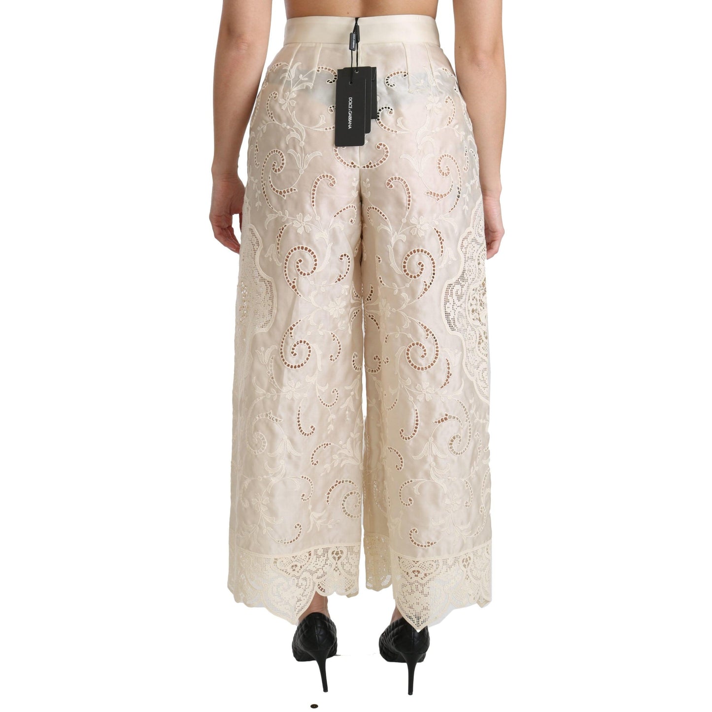 Cream Lace High Waist Palazzo Cropped Pants