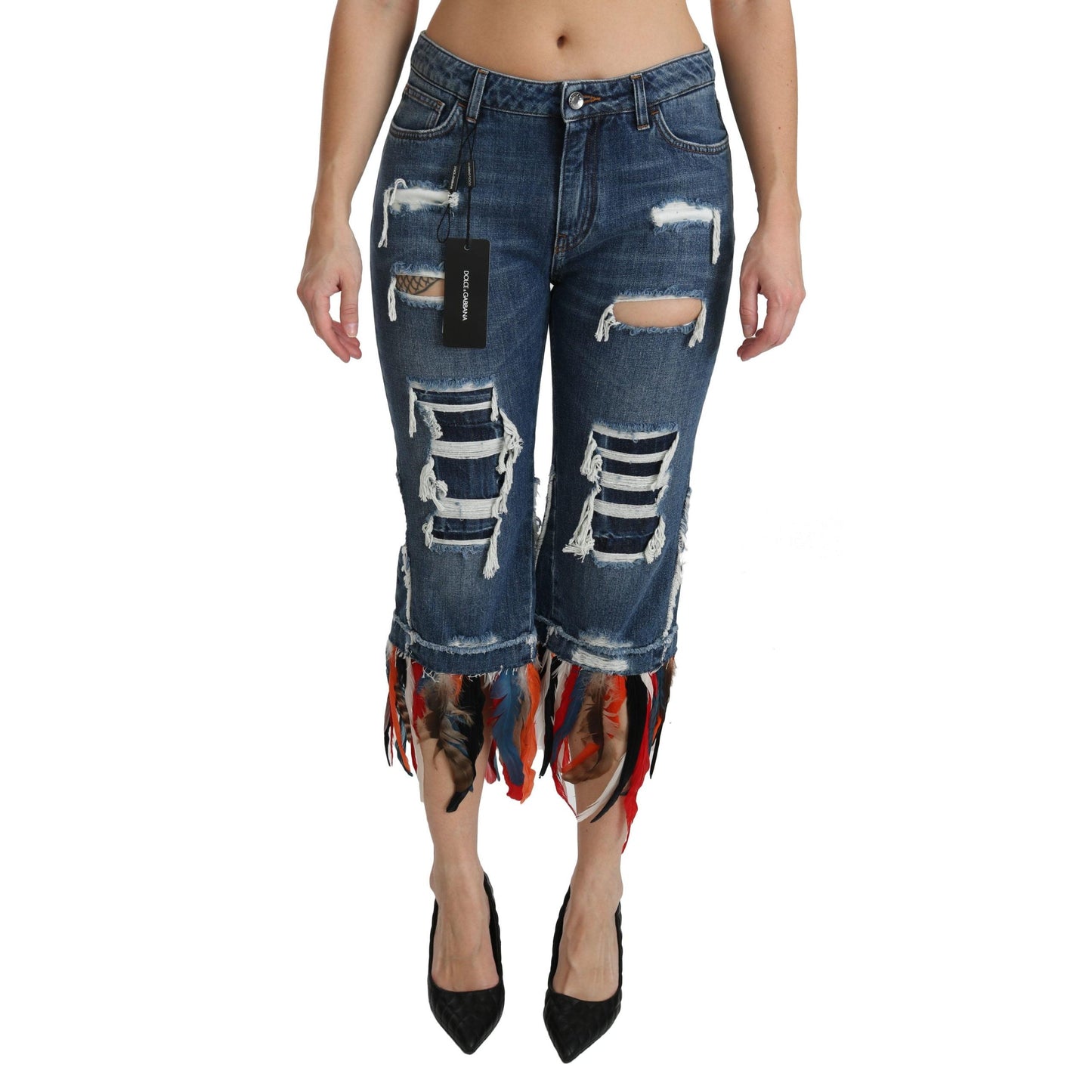 Blue Feathers Low Waist Cropped Cotton Jeans