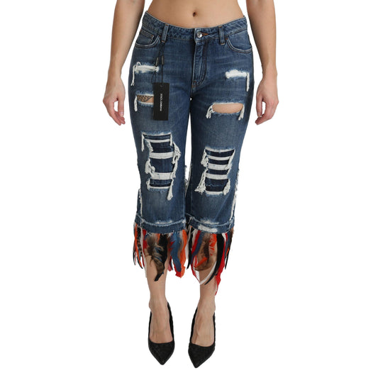 Blue Feathers Low Waist Cropped Cotton Jeans