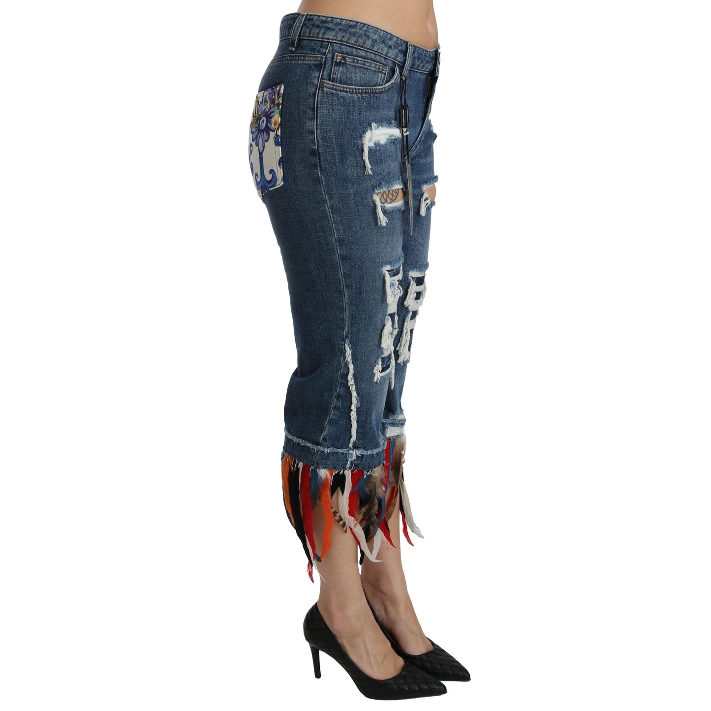 Blue Feathers Low Waist Cropped Cotton Jeans