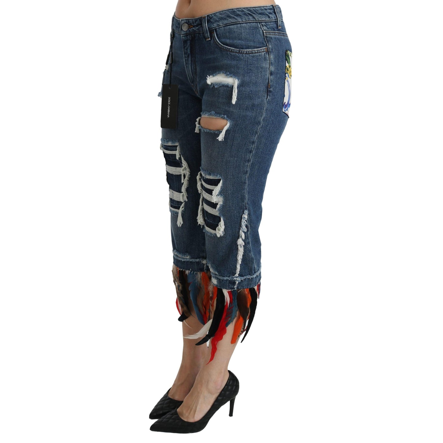 Blue Feathers Low Waist Cropped Cotton Jeans