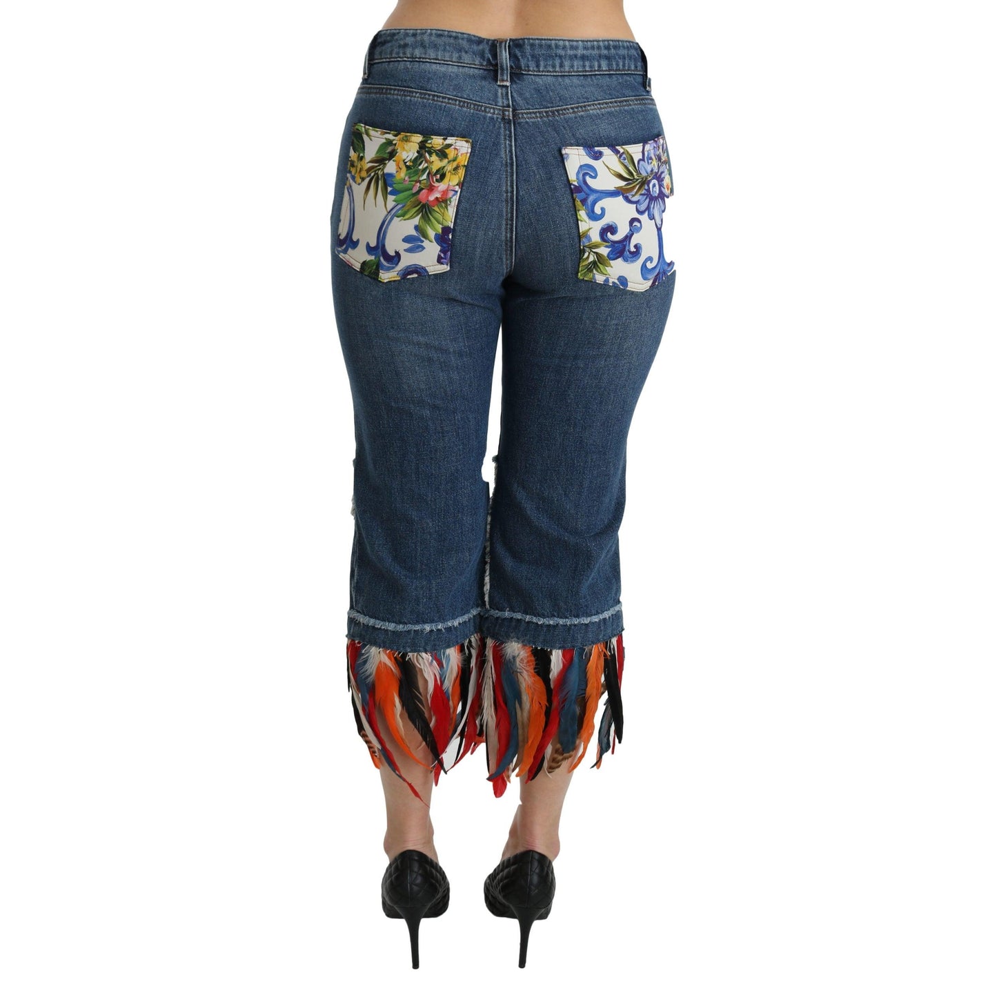 Blue Feathers Low Waist Cropped Cotton Jeans