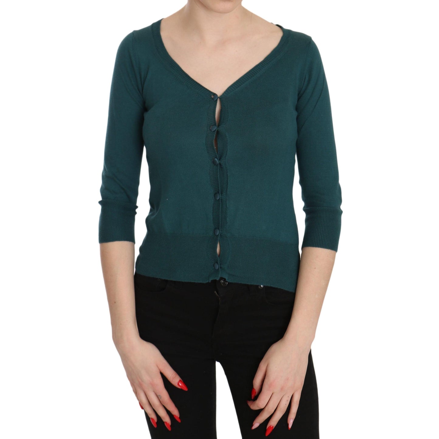 Blue Green Cotton 3/4 Sleeve Cardigan Top Blouse