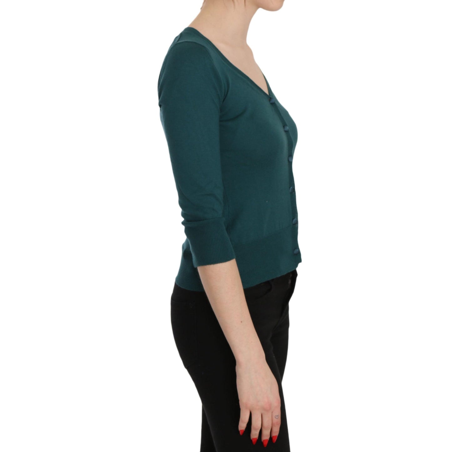 Blue Green Cotton 3/4 Sleeve Cardigan Top Blouse